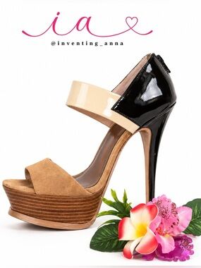 True High Heel Stiletto - Black & Beige Patent Leather w/Tan Suede Leather